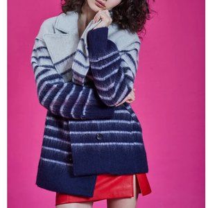 NEW Avec Les Filles Double Breasted Peacoat, Navy/White, Large, Striped